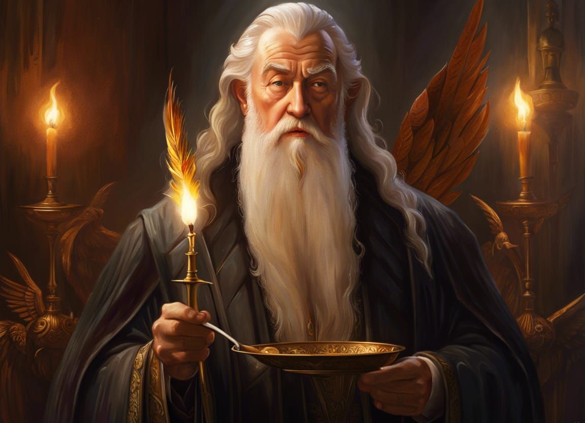 Dumbledore with forks the phoenix on his shoulder, heavy brushstrokes ...