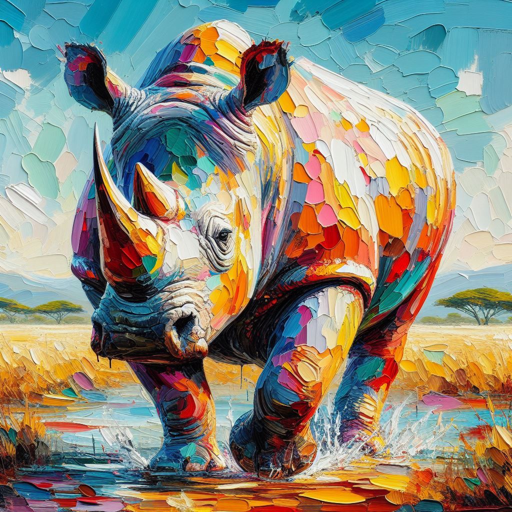 Rhino  splashing in pudlle in thick acryllic paint