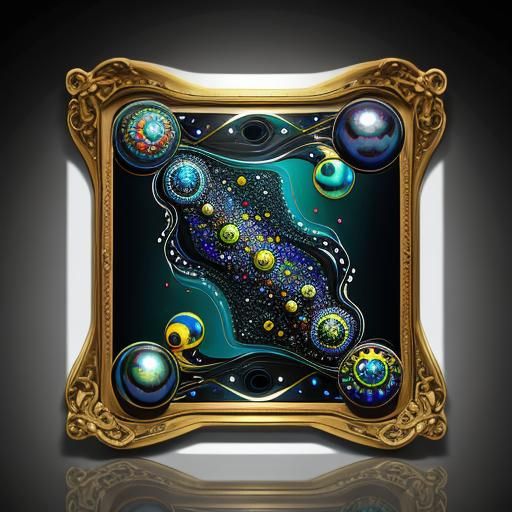 abstract painting with black pearls glass marbles cylinders ...