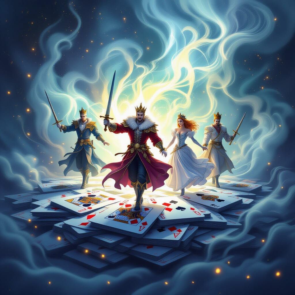 A pile of playing cards with portraits glowing and characters stepping out from the flat surface — kings with swords, queens with crowns, ja...