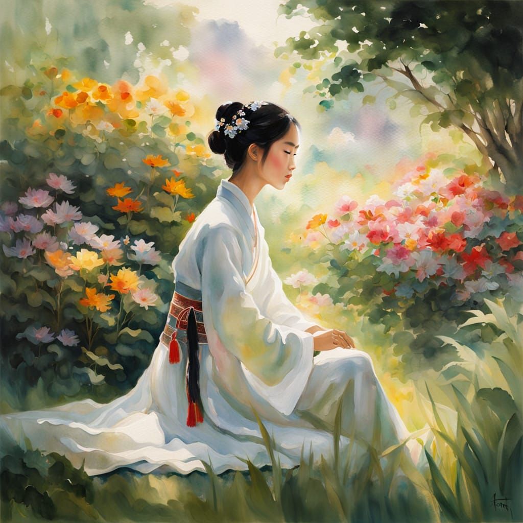 Young Woman in Lush Greenery, Impressionist Watercolor Style