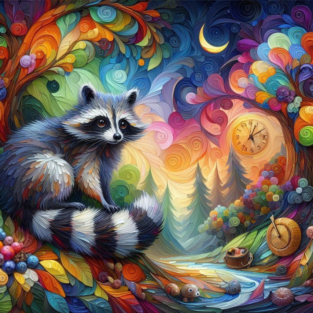 Rccoon against a surreal landscape