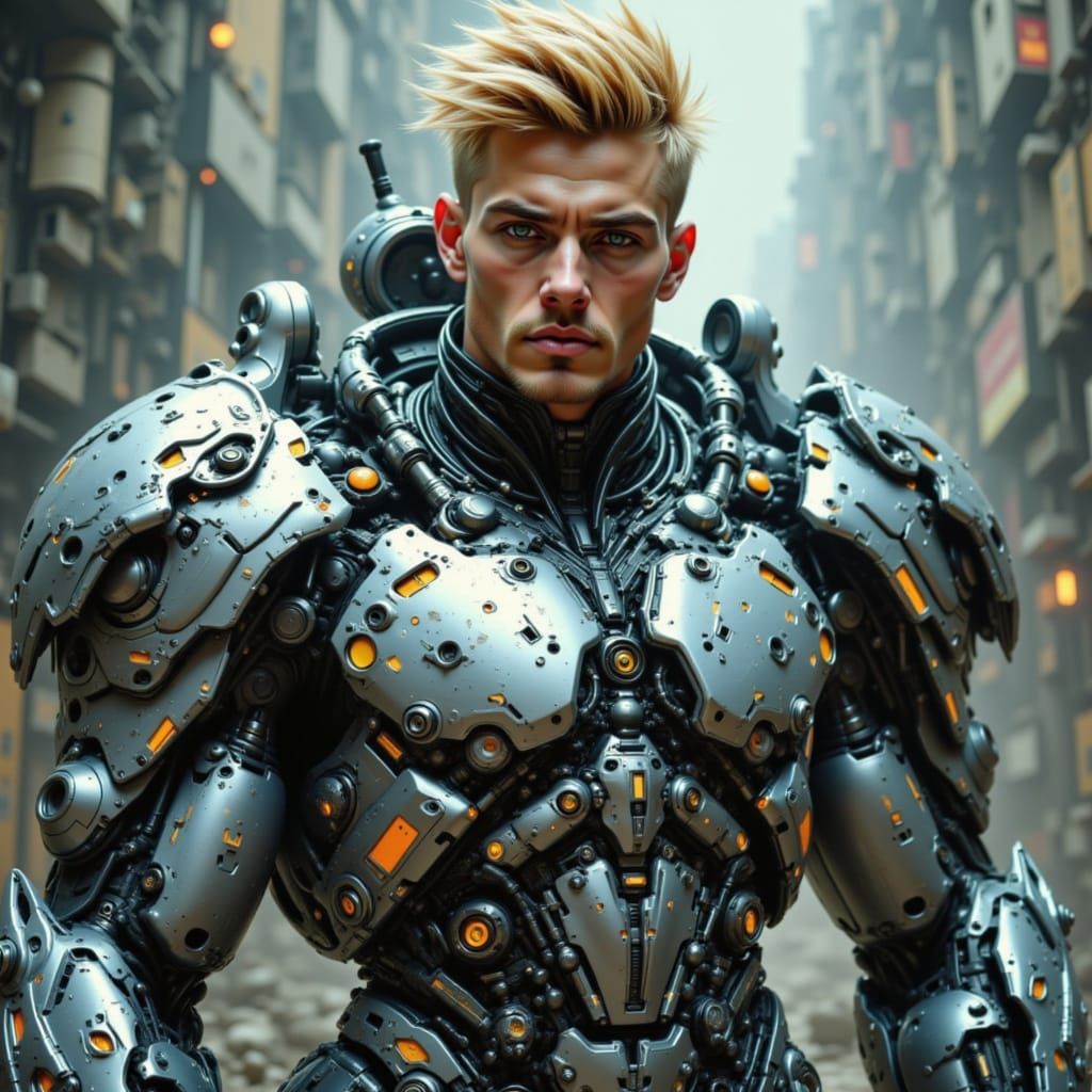 Handsome Fierce warrior in silver  black mecha  tech armor <lora:Mecha-Tech Armor:1.0>