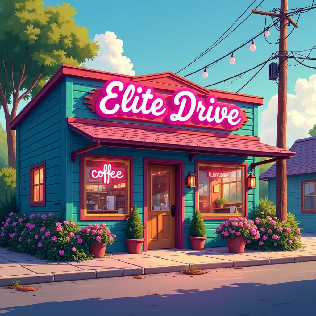 RAINBOW PASTEL RAINBOW CAFE SHOP WITH A RAINBOW ELITE DRIVE SIGN IN NEON COLORS RAINBOW WOODEN CABIN HOMSTEAD COFFEE SHO...