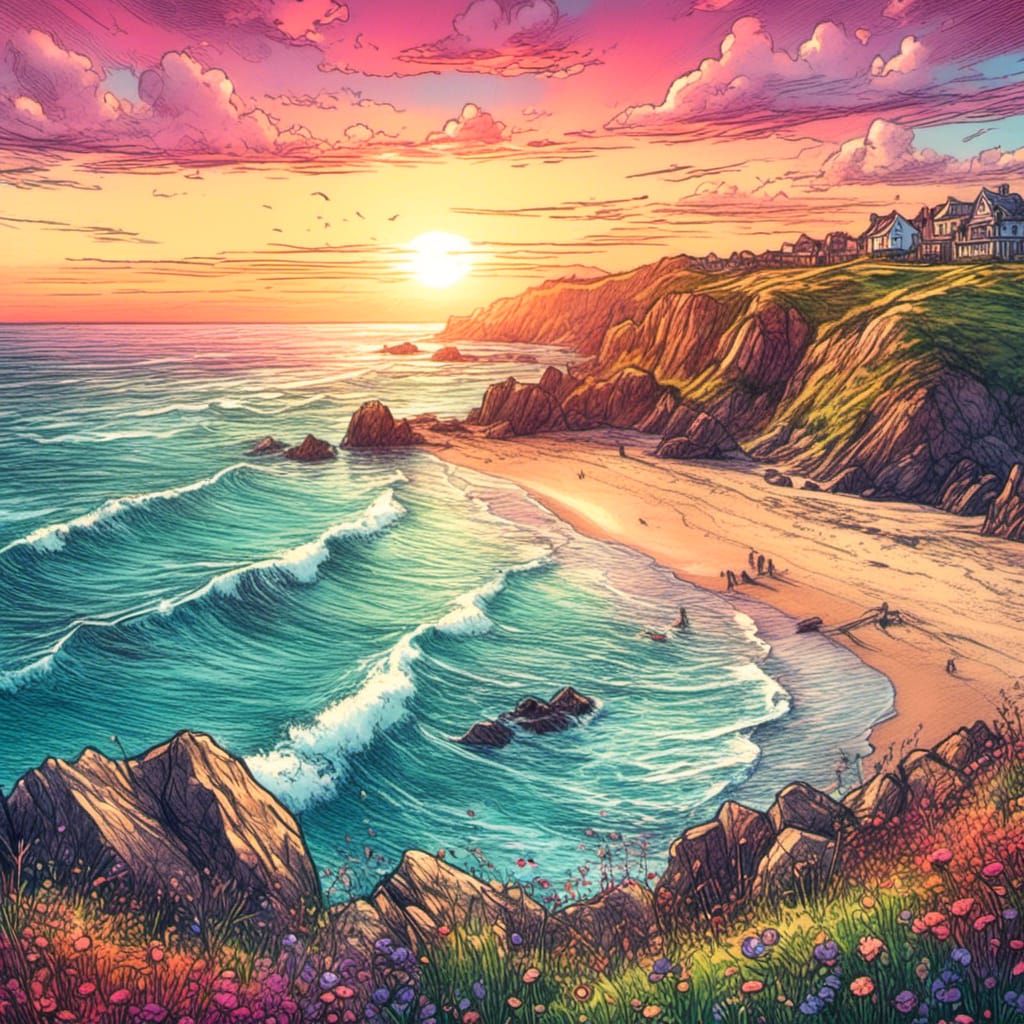 <lora:Pencils and crayons:1.0> (Pencils and colourful crayon) beautiful beach at sunset with surf rolling in. Captivating landscape 