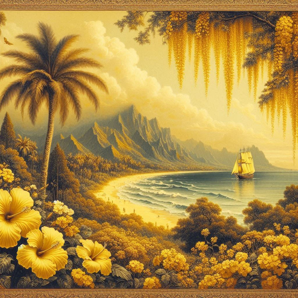 Yellow View of a Coastline and Hibiscus Flowers