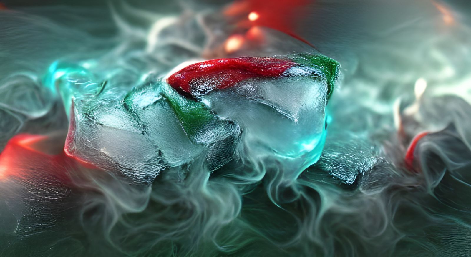ice texture, Red and green lights, Blue smoke photorealism
