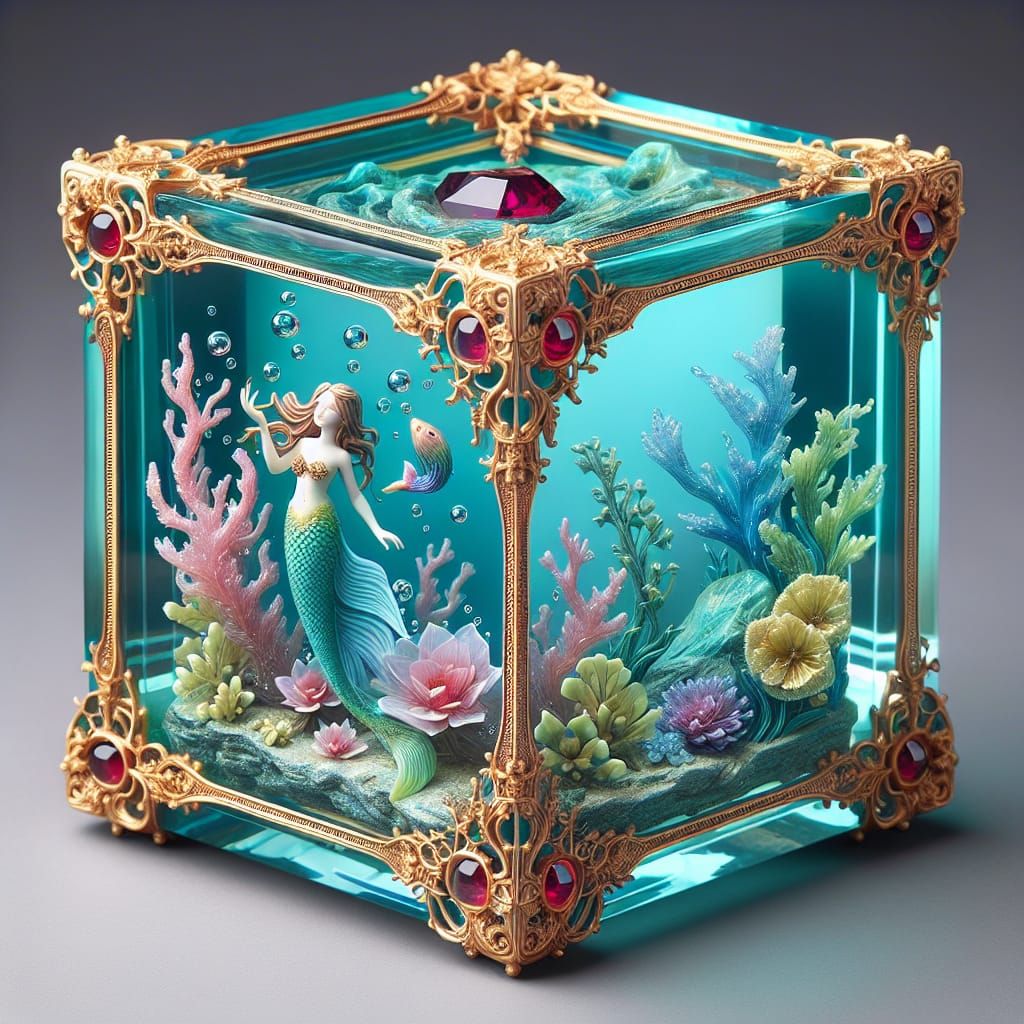 Cast Resin cube with mermaid gold filgree and Ruby's