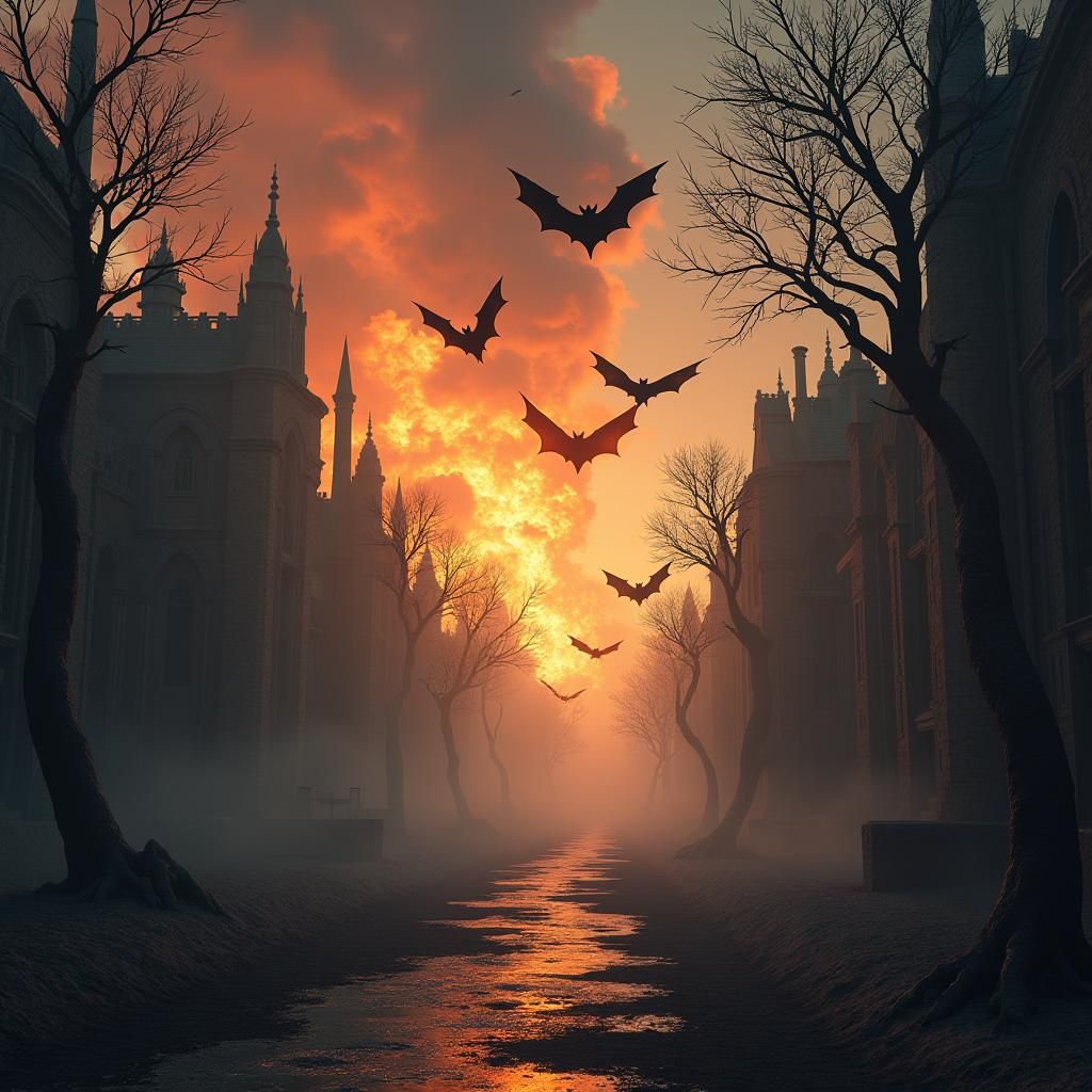 Bats in Flight Over Ruined Cityscape