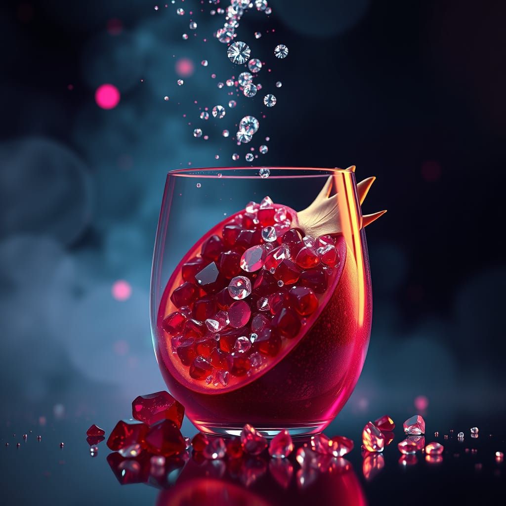 Surreal Pomegranate Fruits Burst with Diamonds in Neon Disco...