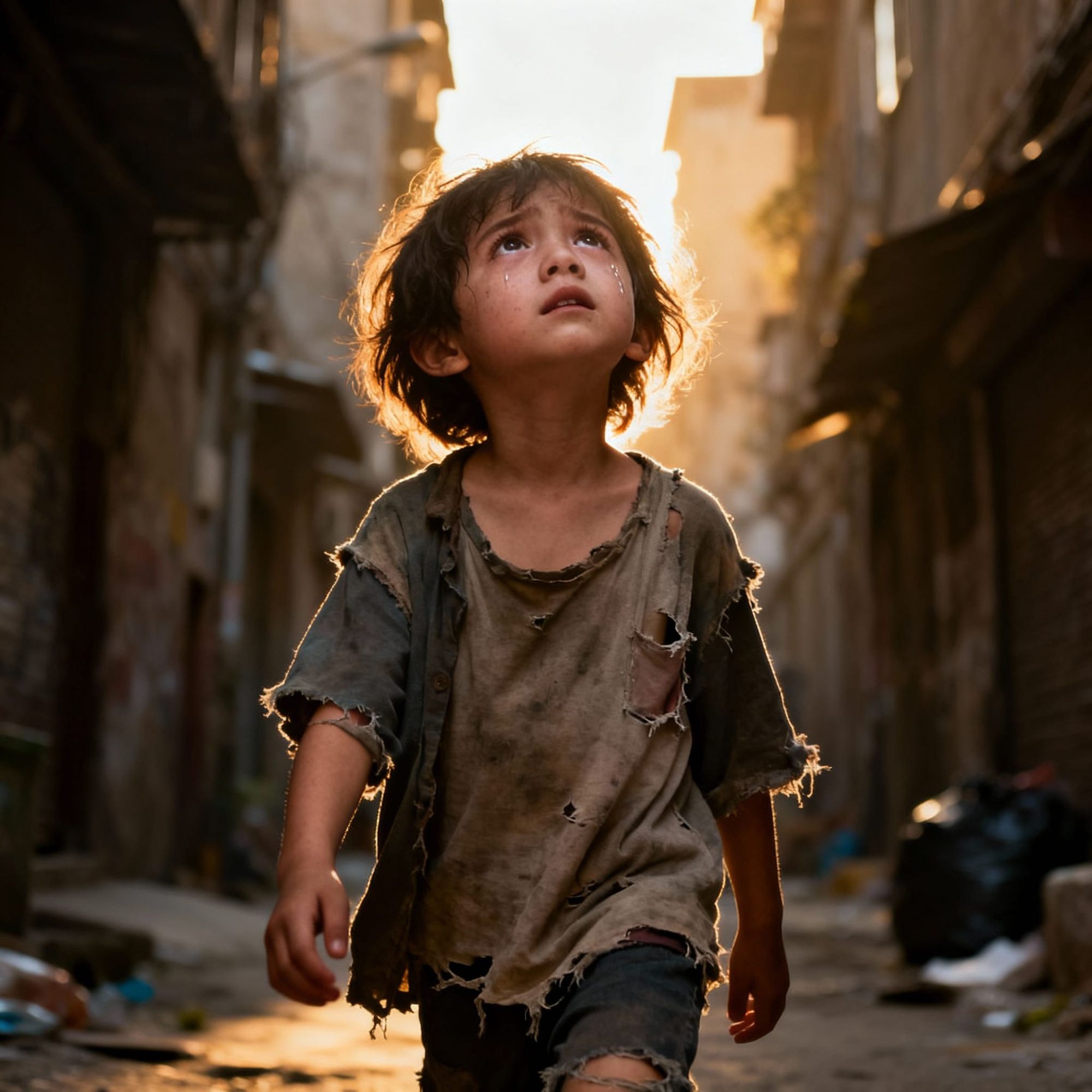 Create for me the boy from the beginning picture in a different pose
who a good man brings him food and he is happy and grateful