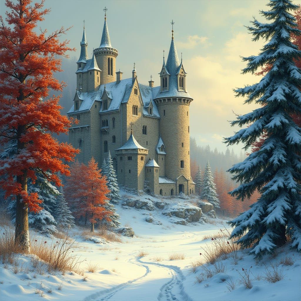 Vintage Castle covered with snow with lots of pine tree and beautiful maple trees