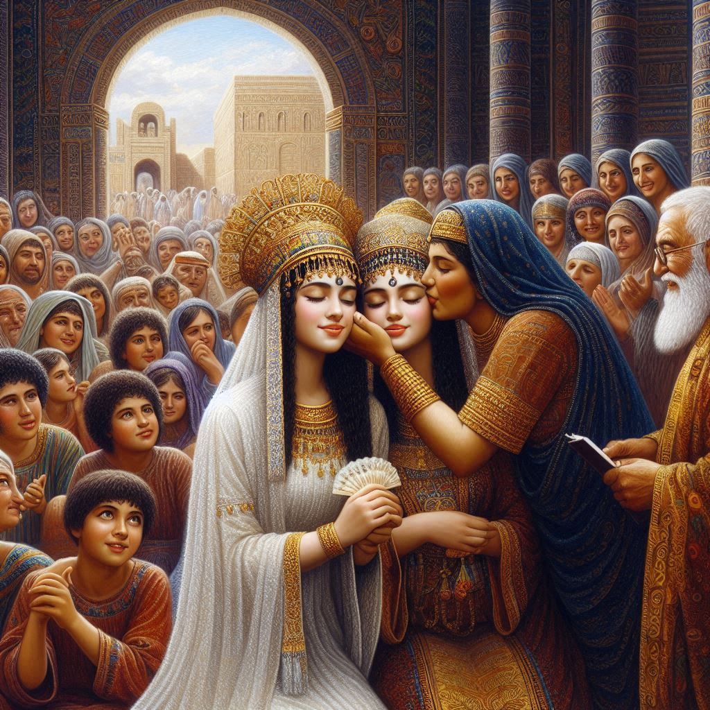 Mesopotamian wedding: One bride's mother kissing her