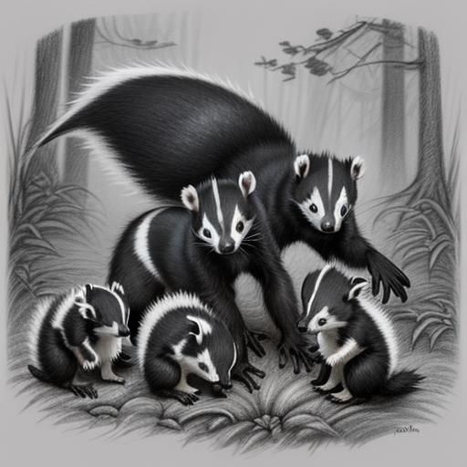 Black and white pencil sketch of a family of skunks with several baby ...