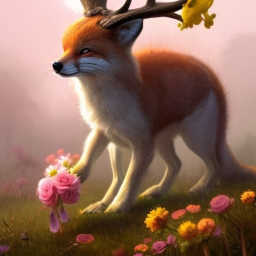 cute small earth fox with deer antlers and flowers on its bo...