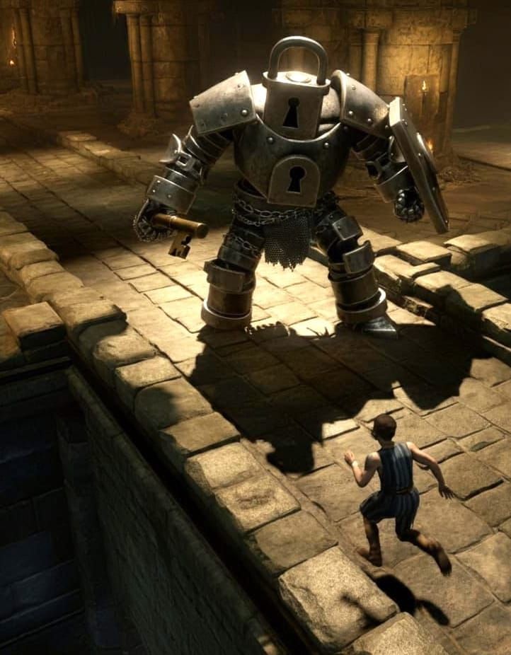 Escaping dungeon prisoner facing lock guardian