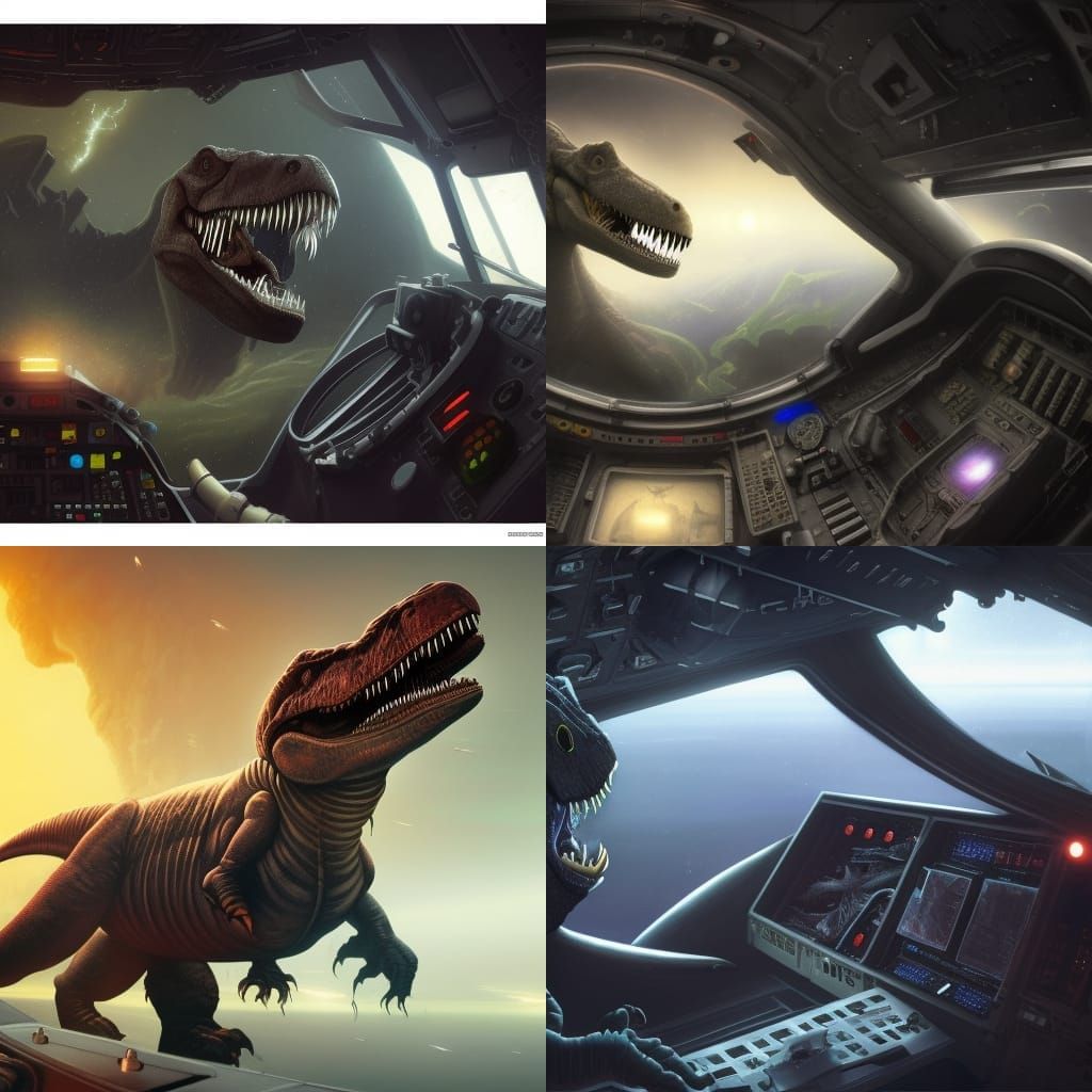 smiling tyranasaurus rex in cockpit of a space shuttle at th...