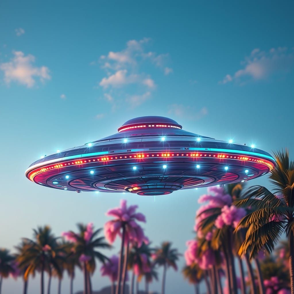 Vibrant Blue Metallic UFO Takes Flight Amidst Tropical Palms