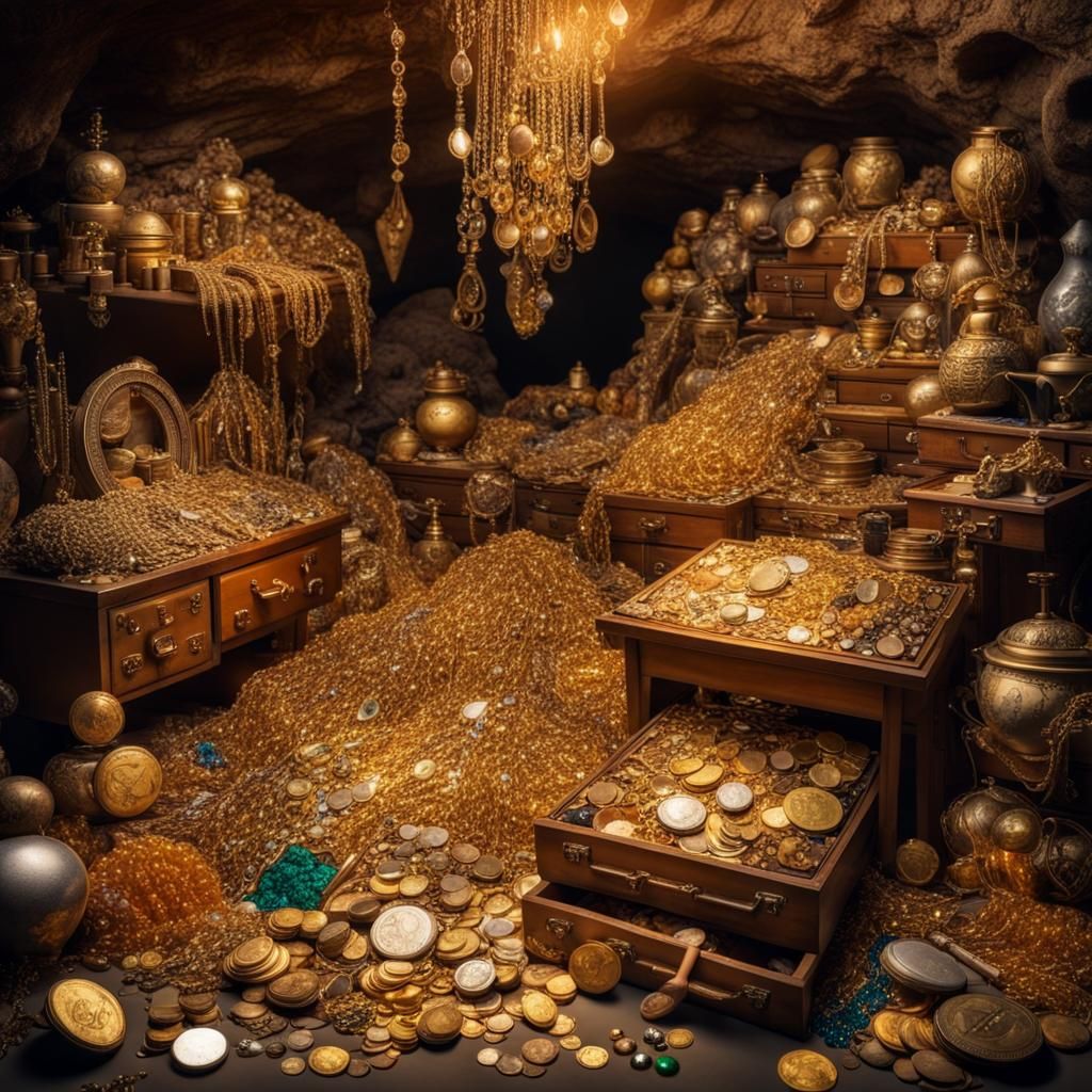 Enormous pile of treasure in a big cave. Goldcoins, jewels,  precious stones, arts. Maximalism, lot of ...  by @Aurel