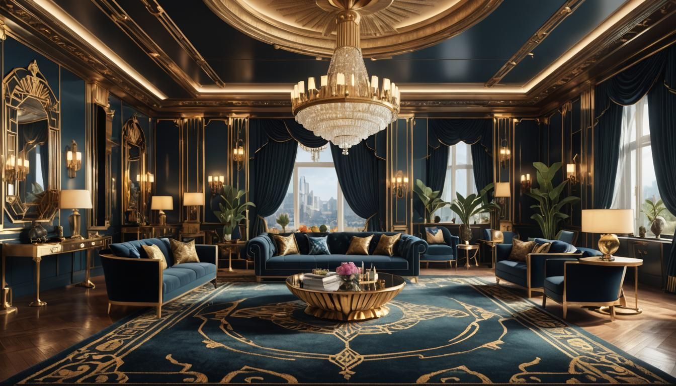 A luxurious Art Deco living room with rich velvet upholstery, gold-trimmed furniture, and bold geometric ...  by @Suthara