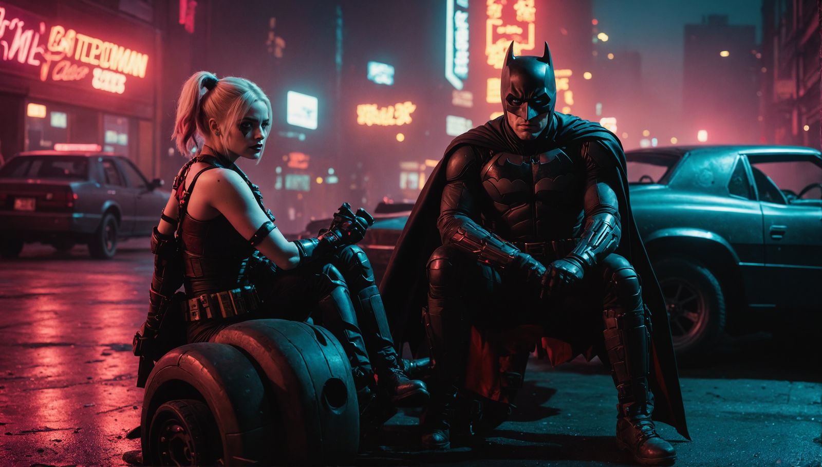 Batman and "Harley Quinn", Cinematic film still, shot on v-r...