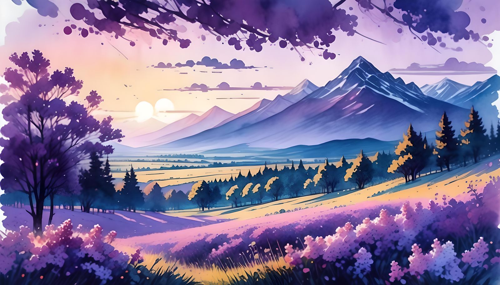 Lilac Field Sunset: Watercolor Landscape Painting