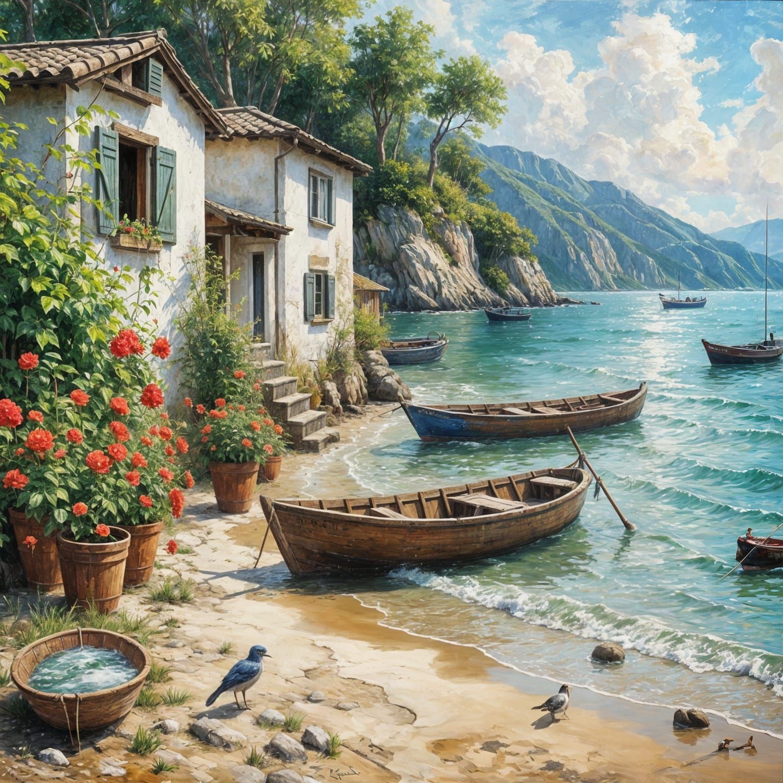 An oil painting depicting a tranquil seaside scene.   by @sunshine33