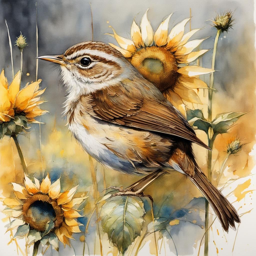 Wren on a sunflower  by @QueenKittyKat