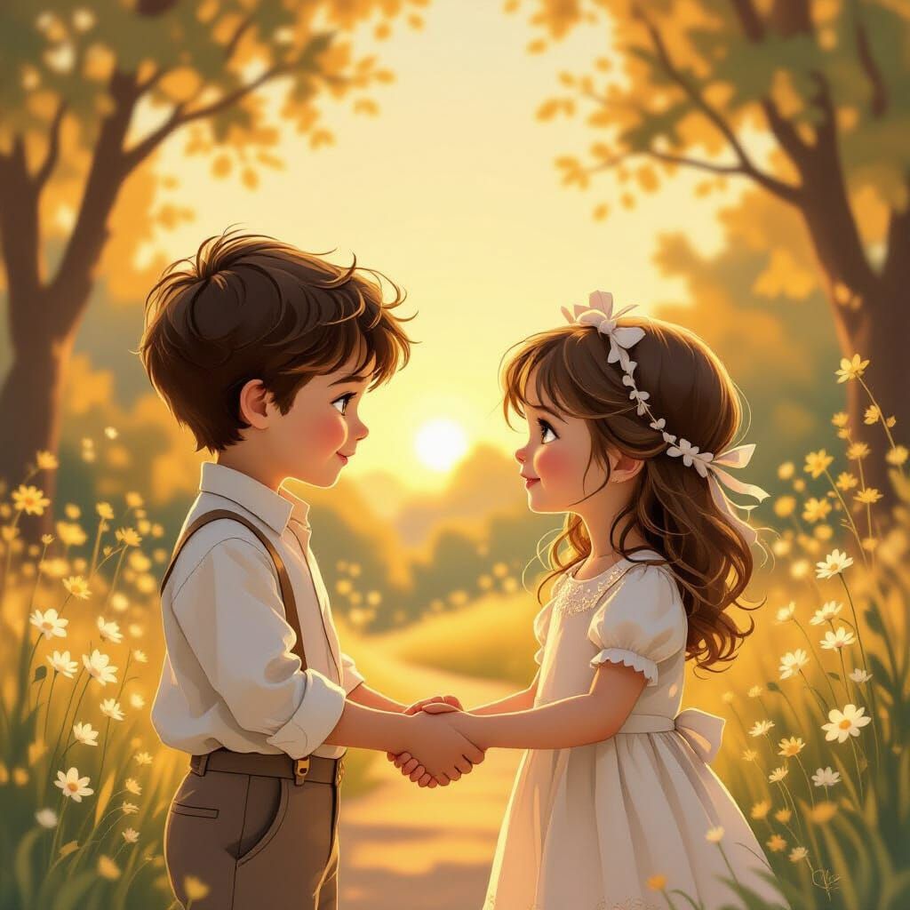 Beautiful Children Holding Hands at Golden Hour Sunset