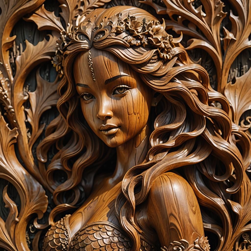 beautiful mermaid carved out of wood with the gain of the wood clearly visible
  by @undefined