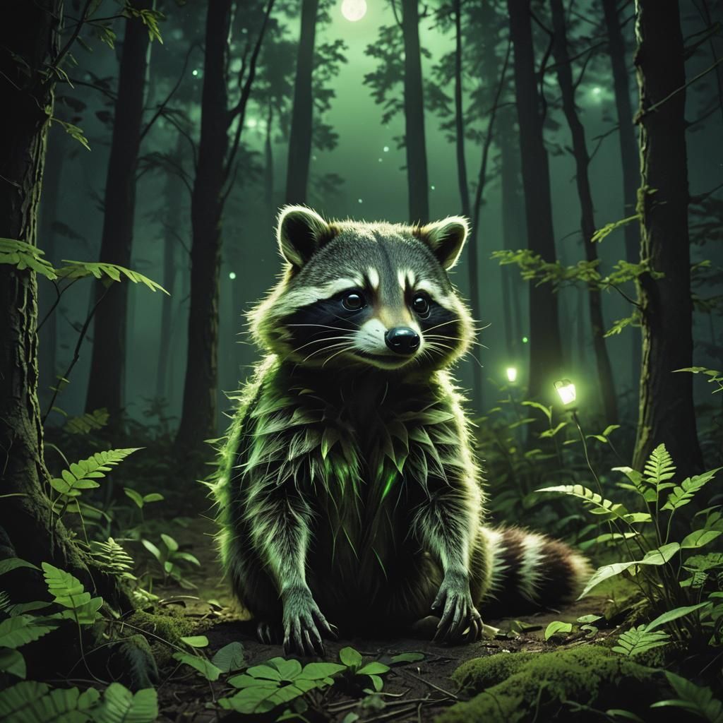 An alien racoon in the forest at night that is glowing green