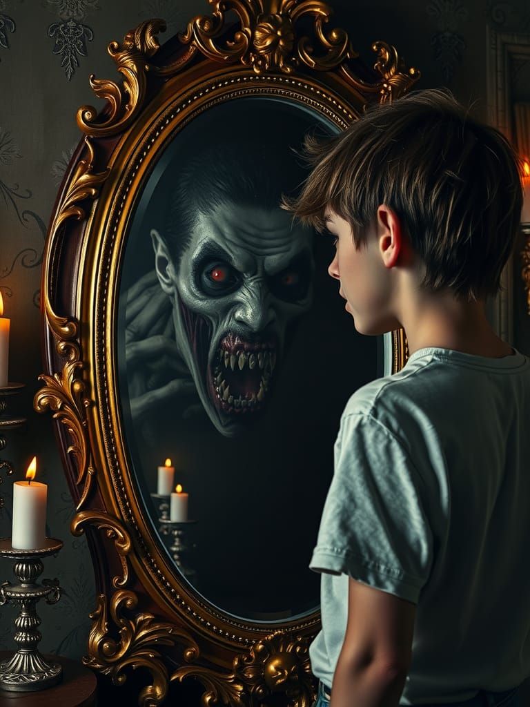 A young person stares into an ornate mirror, their face a mix of shock and horror. In the mirror's reflection, ...  by @Declo Dee