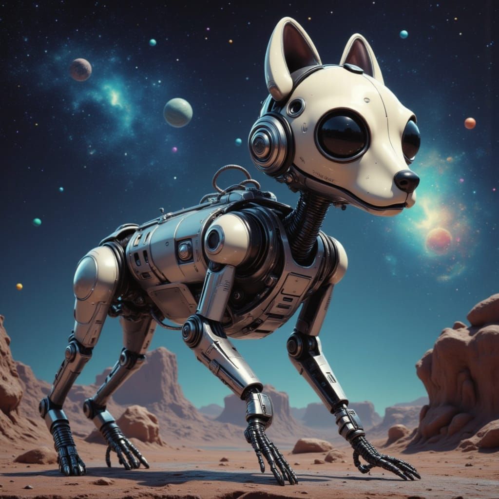 <lora:Fedora Dog:1.0>
<lora:Bonbon Panic Flux:1.0>
Robot Dog Astronaut