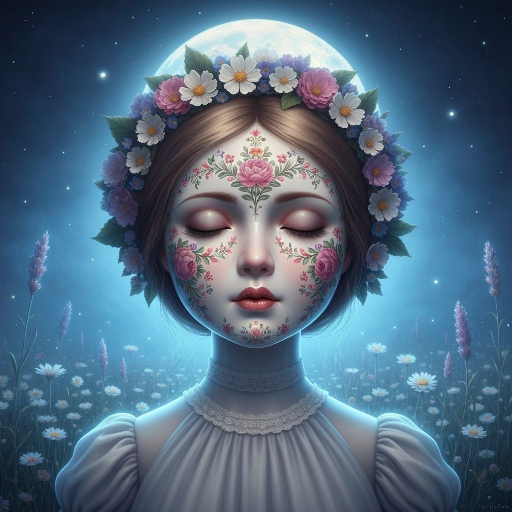 Moonlit Porcelain Doll in a Wildflower Field