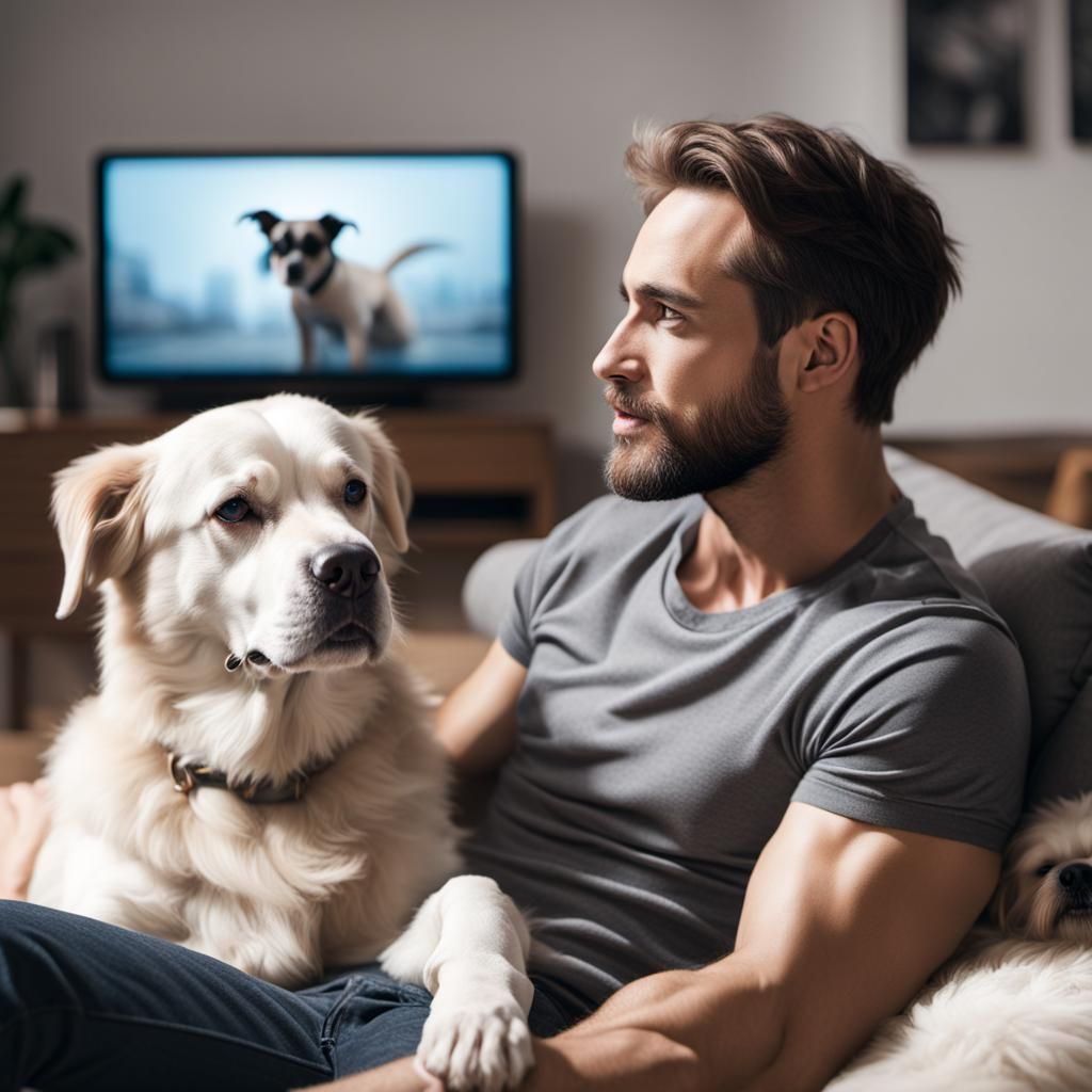 Man hanging out with his dog watching tv