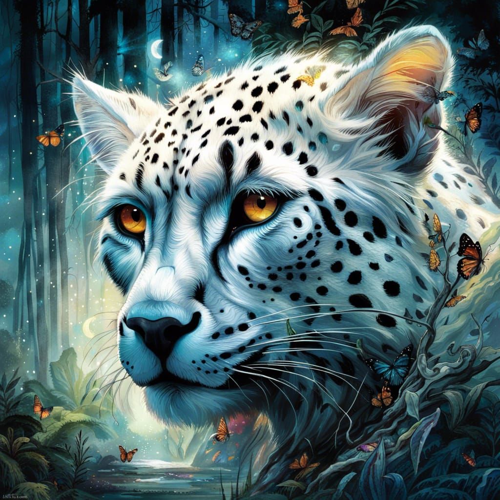 Luminous White Cheetah in Enchanted Rainforest