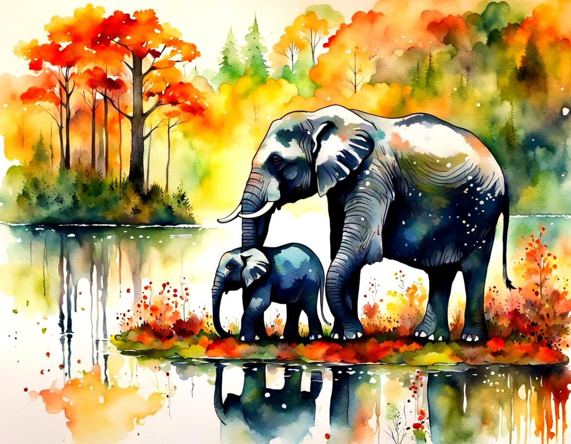 An beautiful mother elephant with an baby elephant stands amidst autumn trees by a misty lake,   by @My Destiny