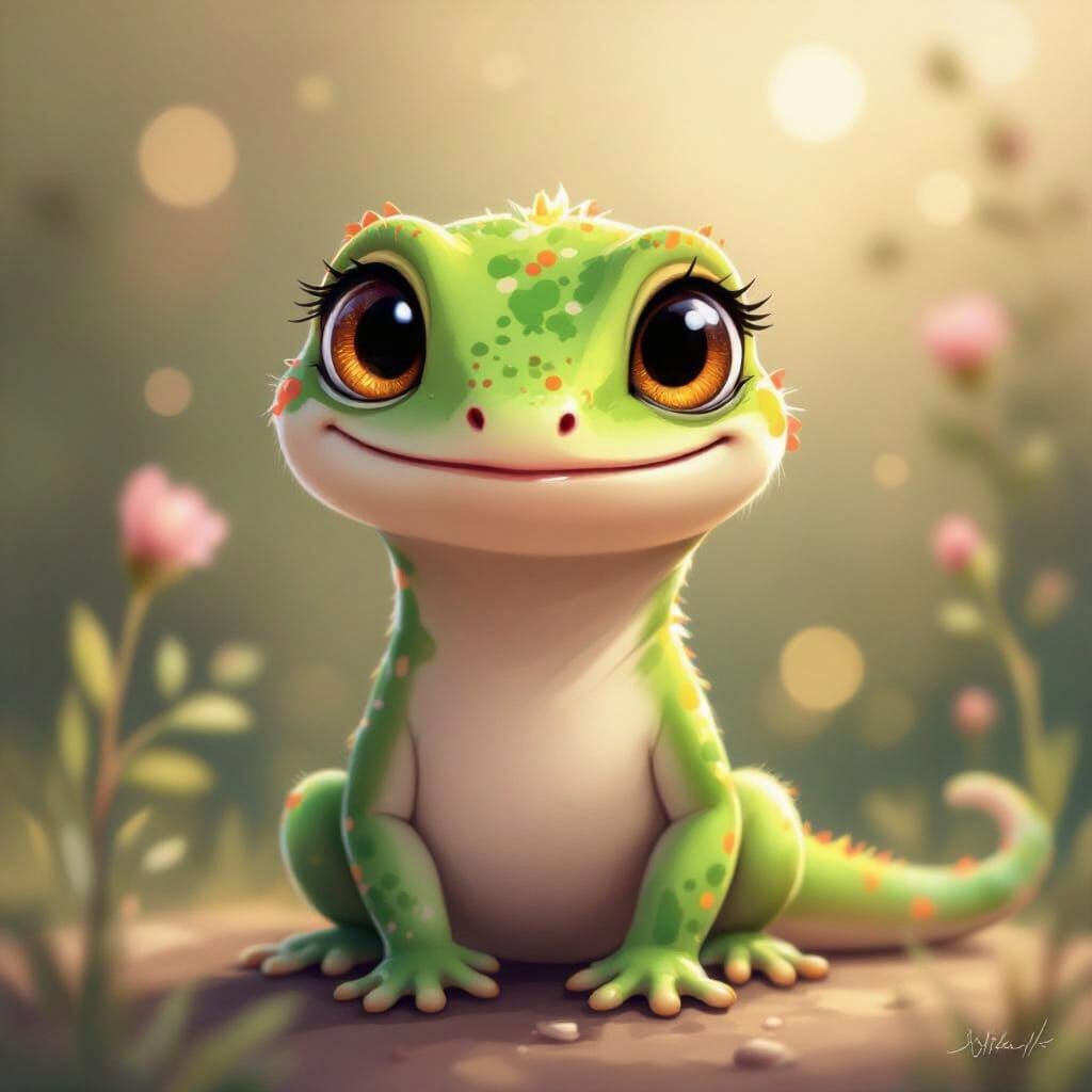 Cute Cartoon Gecko in Whimsical Style