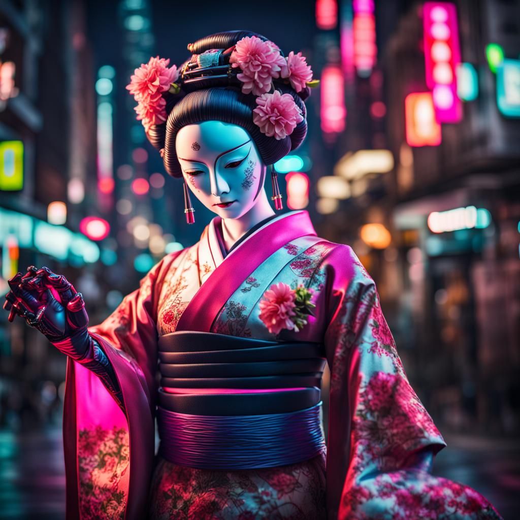 Miyazaki art style robot geisha android wearing neon with flowers while ...