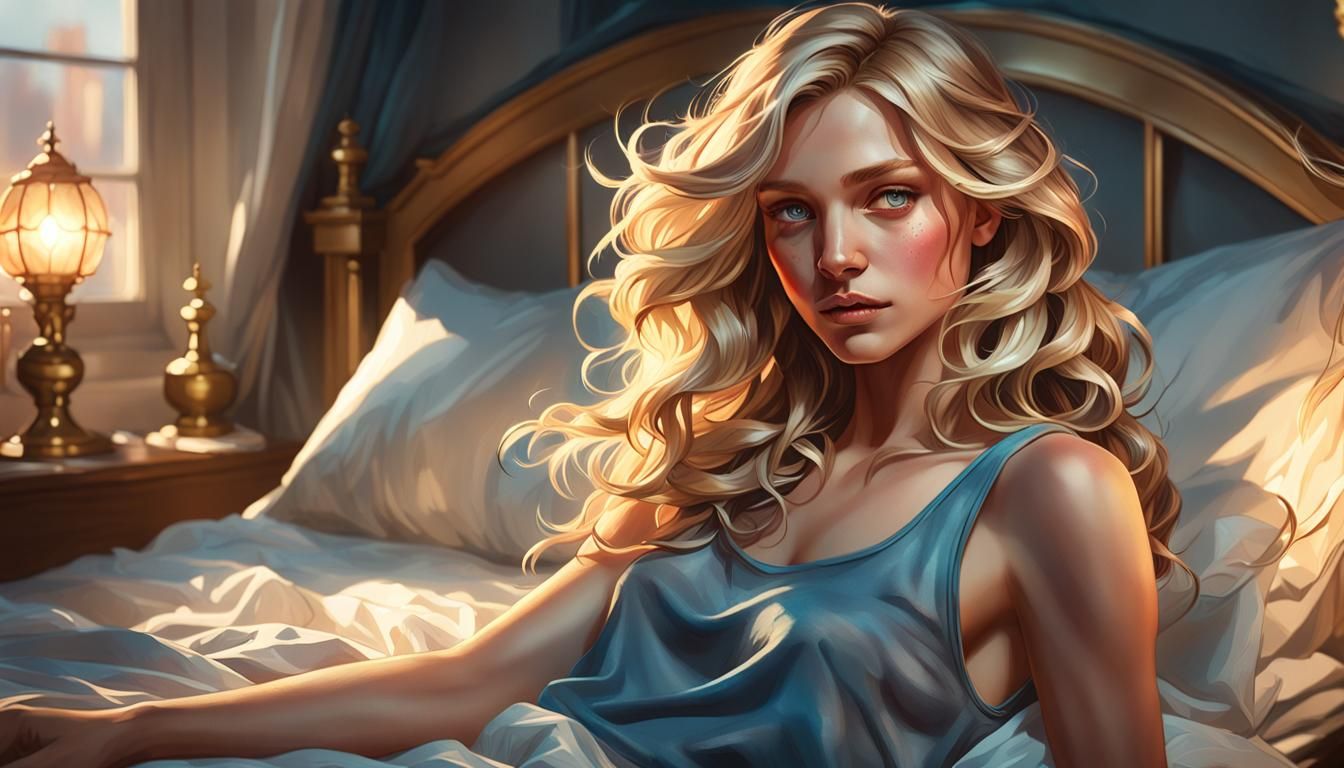 Klara, top model, wavy blond hair, bed, beautiful lighting, ...