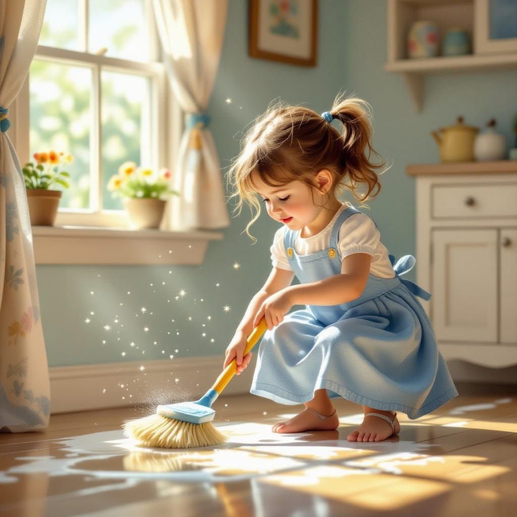 Girl Washing Floor in Golden Sunlight, Children's Book Style