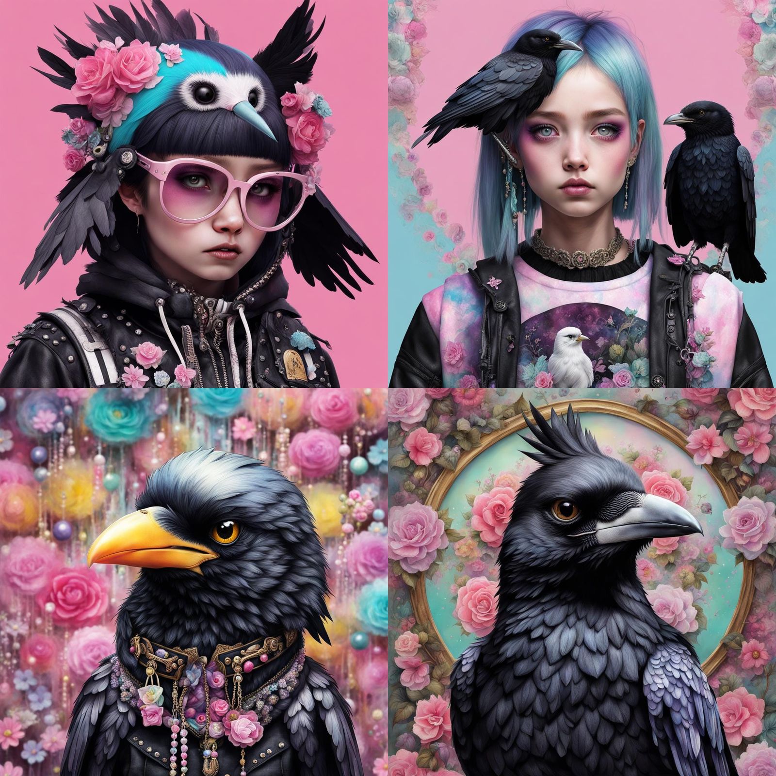 Portrait of a cute sanrio crow in pastel goth clothing, mixe...