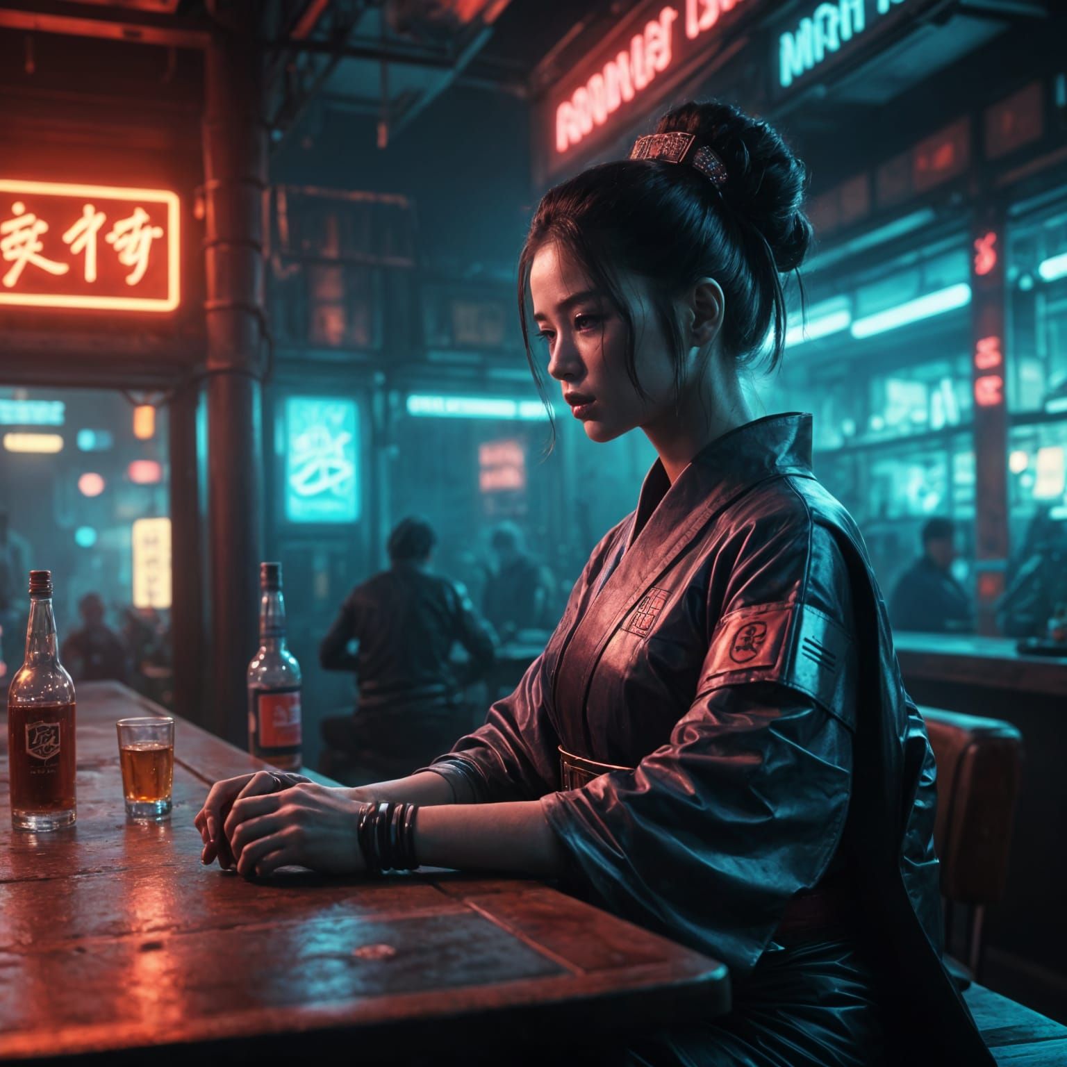Cyberpunk Geisha and Warrior in a Smoky Bar