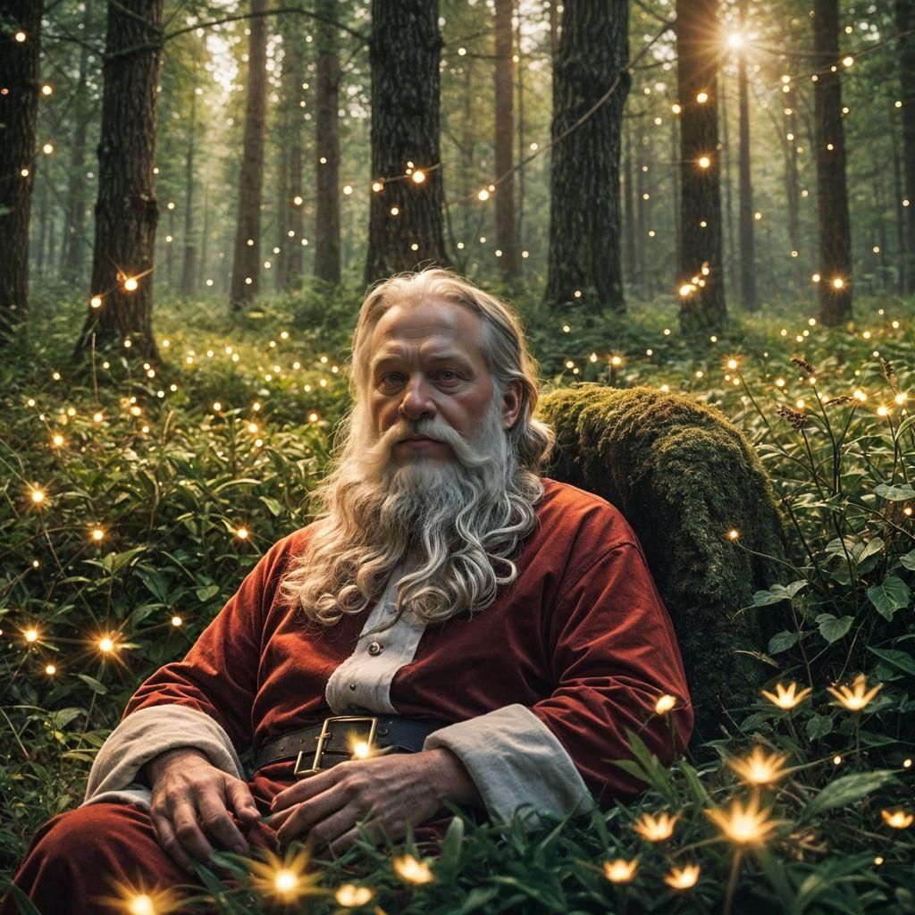 Santa liegt in einer märchenhaften Lichtung im Wald