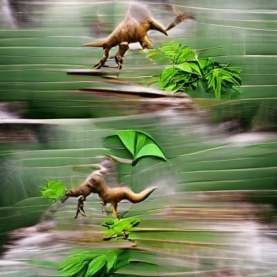 Dinosaur jumping to eat leaves in the jungle.