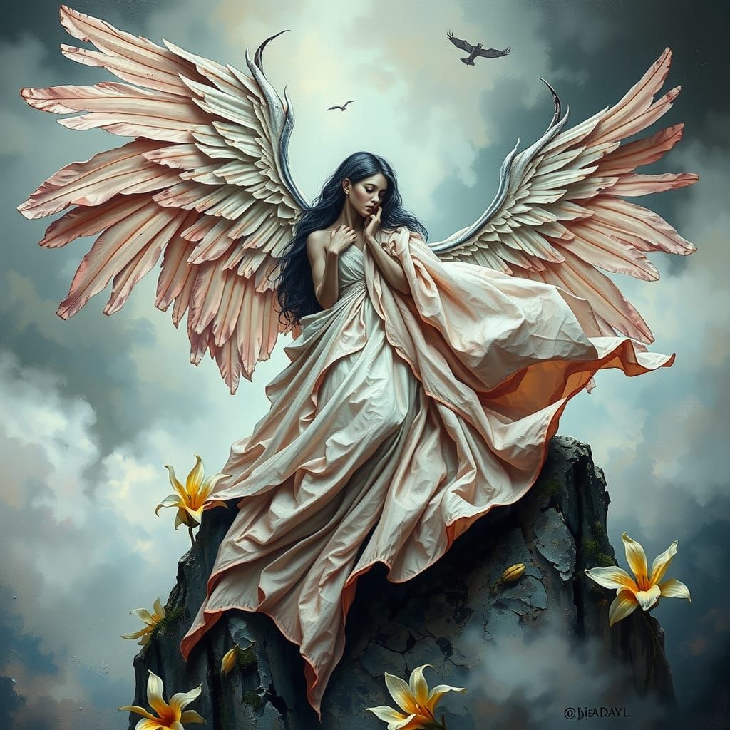 delicate pastel layers caressed by misty atmosphere, a macabre woman with massive wings sprawling like a dark nebula unfolds against a drama...