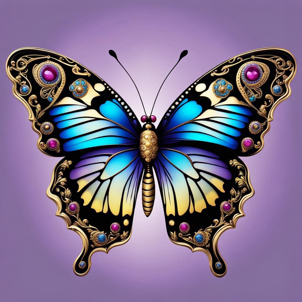 <lora:Stained Glass Wonder:1.0> The most beautiful butterfly is staring directly into my eyes, an unlikely, coincidental meeting, jewel tone...