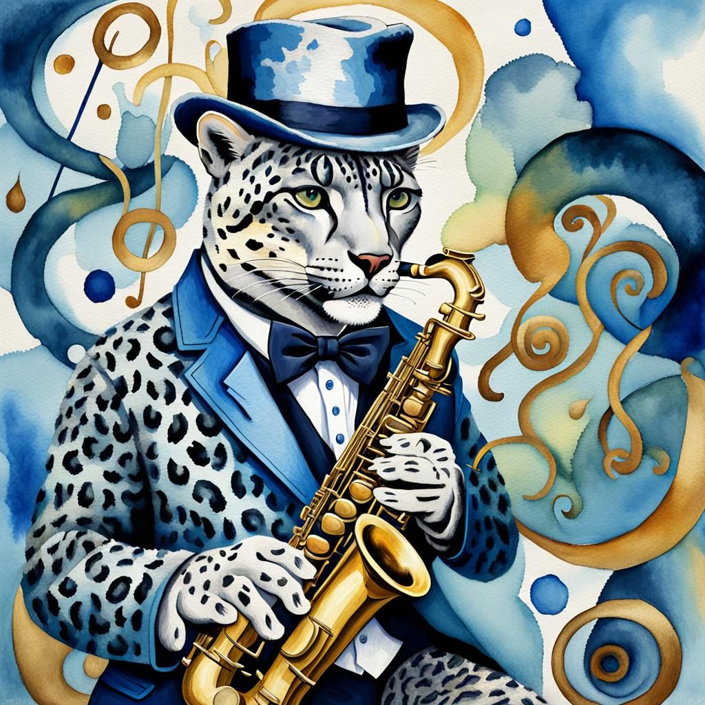 Surrealistic jazz scene. Close-up shot. A snow leopard in fedora and zootsuit    with iridescent blue and white fur plays a brass saxophone...