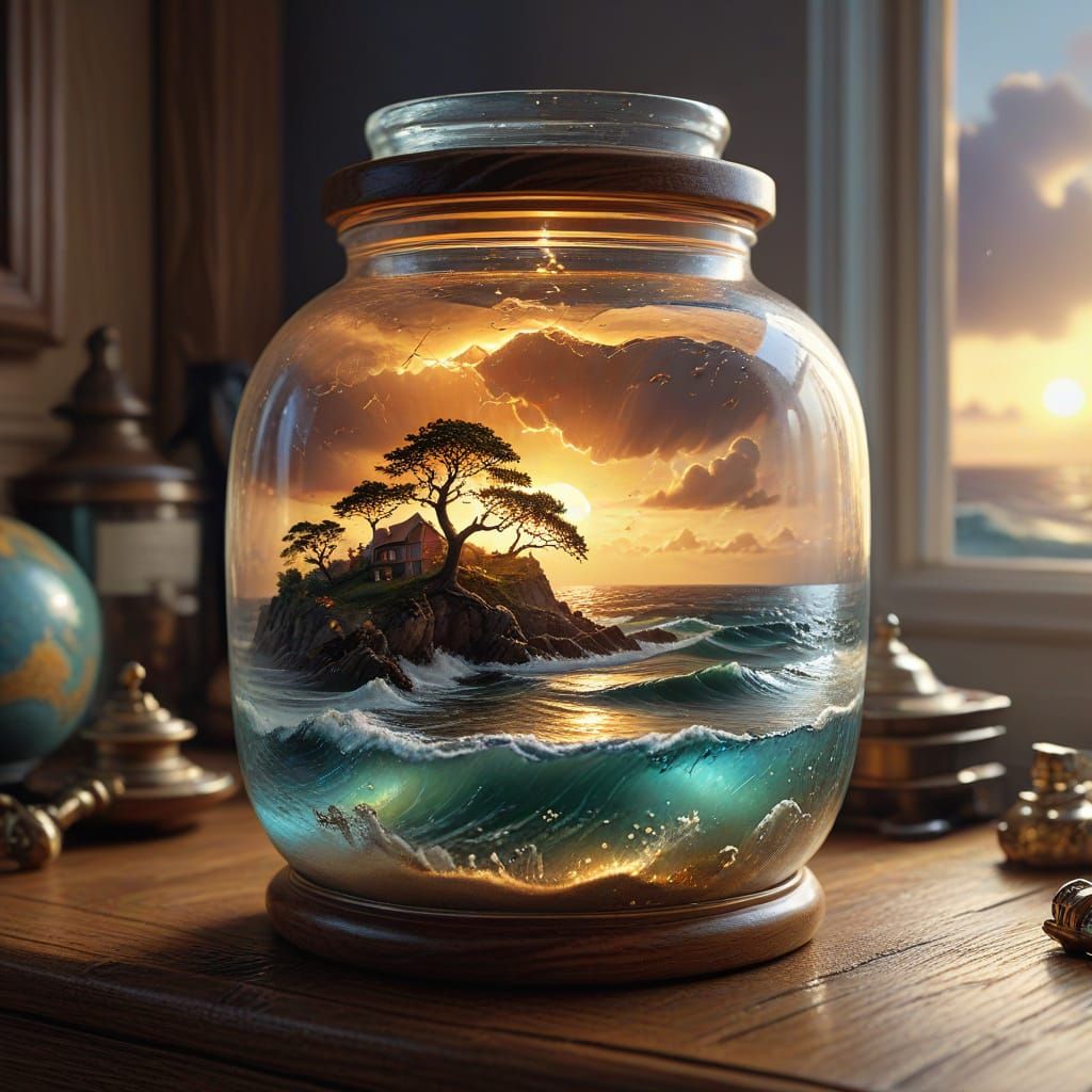 A glass antique jar on an old oak desk with a glowing miniature seascape world inside in a storm,8k , ...  by @Jornie