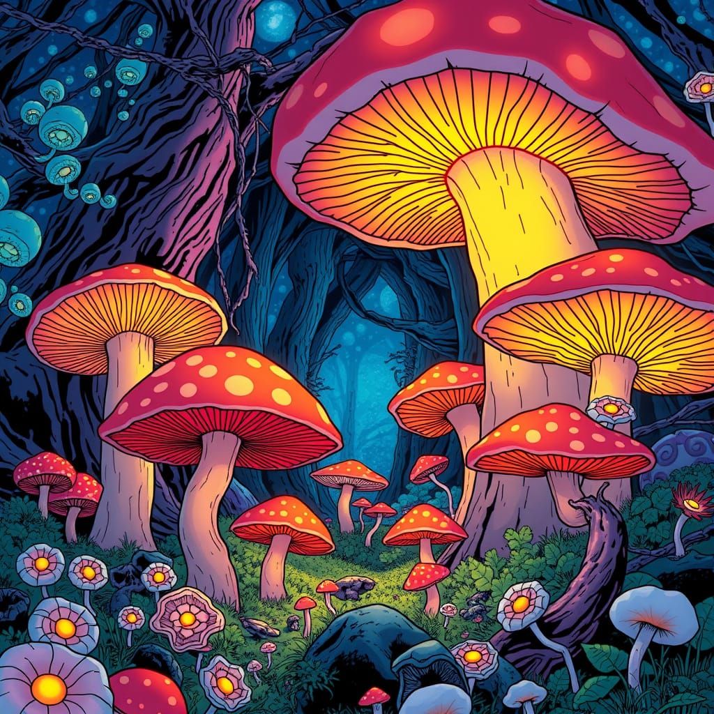 Glowing Mushroom Forest in Comic Book Style